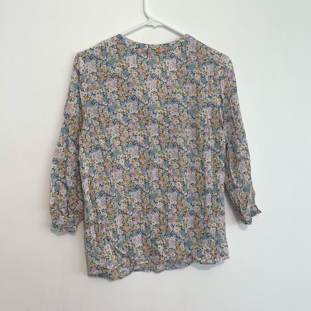 CYNTHIA ROWLEY Blue White Pink Multi Floral V-Neck 3/4 Sleeve Boho Summer Blouse - Picture 12 of 14